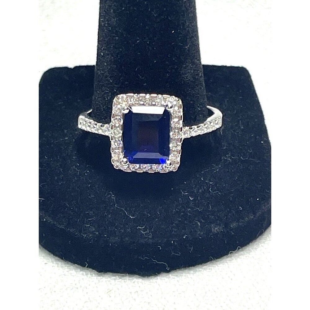 Emerald-Cut Sapphire White Topaz Halo Ring 3.50ct Sz 11 Sterling Silver Elegant